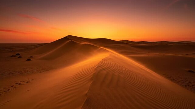 Golden desert landscape featuring sand dunes under a vibrant orange and yellow sunset in a vast expanse of arid land