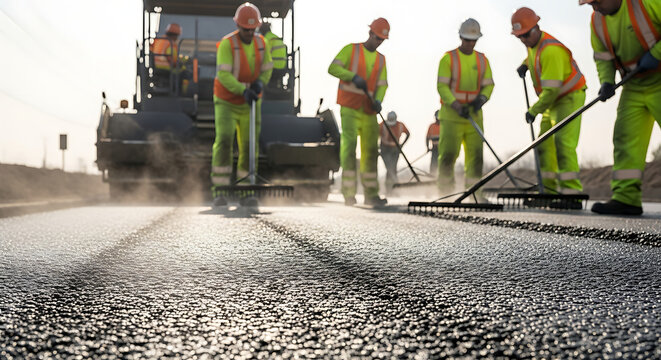 Workers in high-visibility clothing operate heavy machinery on a road construction site - Powered by Adobe
