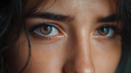 Close up of a person s expressive heterochromatic eyes with mixed blue and amber irises conveying deep emotion and vulnerability