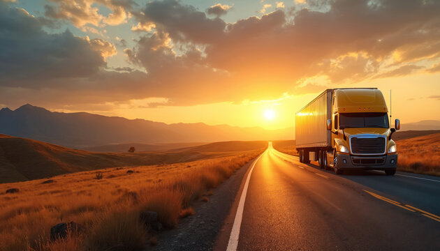 Yellow semi truck moves fast on highway at sunset. Delivery truck transports cargo along an open road through nature landscape with mountains on horizon. Freight industry logistic business.