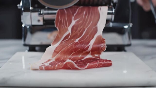 Slicing machine in action, cutting thin slices of cured meat on a marble countertop, showcasing the precision and texture of each slice as it falls onto the surface