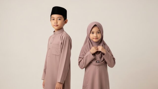 Two young Malay children, a boy and a girl, dressed in traditional Baju Melayu and Baju Kurung with hijab, standing together.