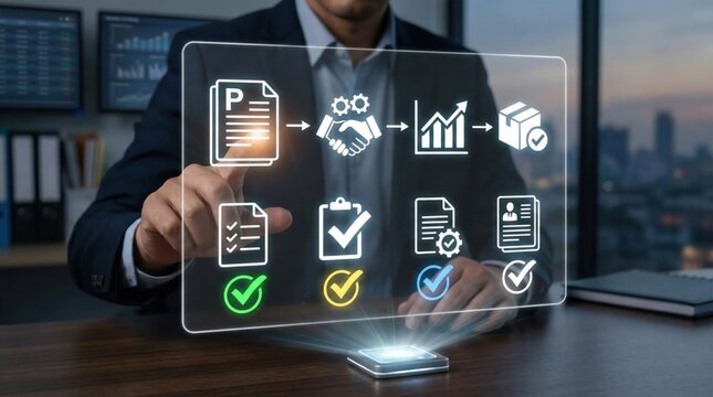 Modern businessman managing digital project workflow with holographic interface,illustrating data analytics,process automation and performance tracking - Powered by Adobe