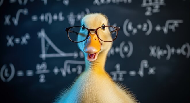 Adorable Duckling with Glasses in Front of Blackboard Filled with Mathematical Equations