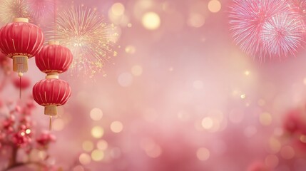 Red lanterns and fireworks illuminate a festive pink background with bokeh lights