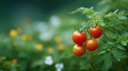 Ripe cherry tomatoes cluster on the vine with a soft green bokeh background