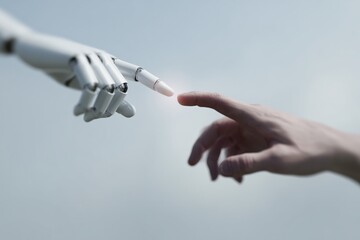 Robot finger and human finger about to touch, symbolizing AI and humanity connection