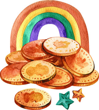 Festive watercolor illustration of a heap of golden coins set against a vibrant rainbow and sparkling stars. A hand-painted symbol of luck and fortune