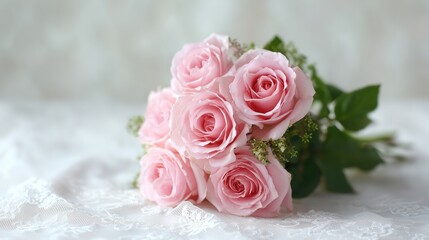Soft pink roses bouquet arranged on a delicate lace surface with soft light