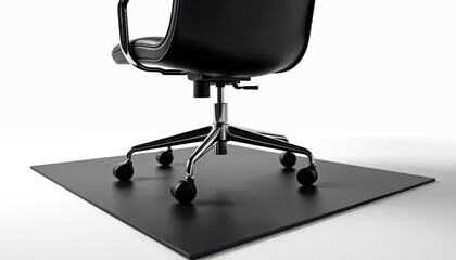 Fototapeta premium Black office chair on black floor mat isolated on white background. Modern ergonomic design for workspace. Comfortable seating solution. Contemporary furniture object.