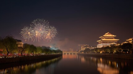 Spectacular fireworks illuminate ancient Chinese architecture along a tranquil river at night