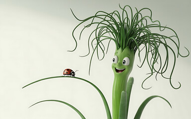 A whimsical cartoon onion with a ladybug friend