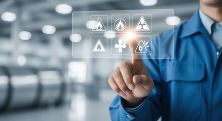 Factory Worker Tapping Hazard Warning Icons on Virtual Screen Displaying Safety Protocols and Risk Prevention