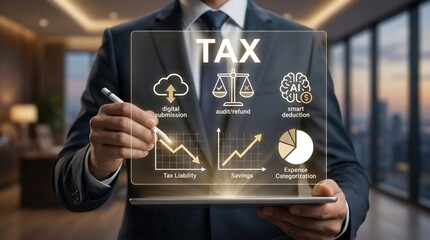 Businessman analyzing tax data using AI-powered financial dashboard,highlighting tax liability,savings,deductions and expense management
