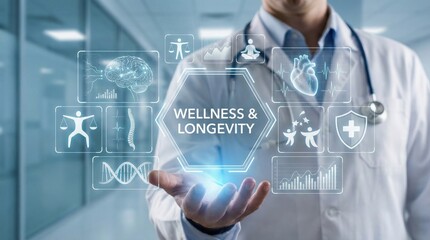 Doctor presenting wellness and longevity icons,futuristic healthcare interface with heart,brain,fitness and genetic symbols