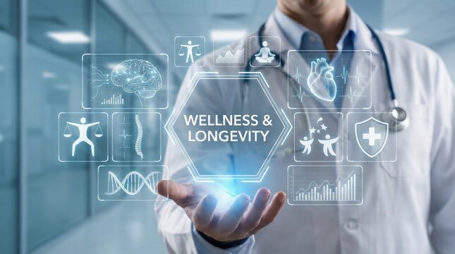 Doctor presenting wellness and longevity icons,futuristic healthcare interface with heart,brain,fitness and genetic symbols - Powered by Adobe