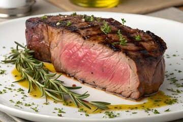 Closeup of a gourmet dinner plate with a steak, vegetables and potatoes