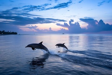 two  jumping dolphins,beautiful seascape with deep  ocean  waters and cloudscape