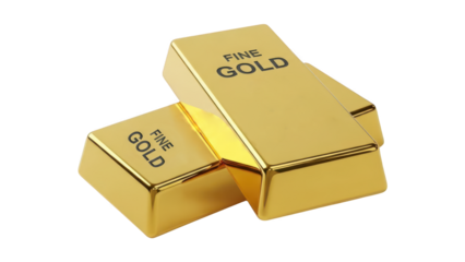 Two shiny gold bars with fine gold engraving on a transparent background, symbolizing wealth and luxury