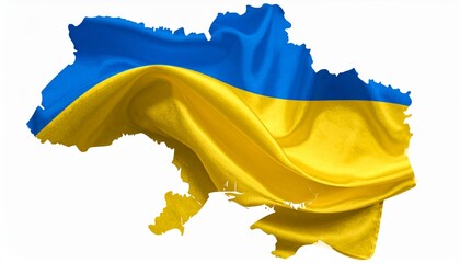 Map outline of Ukraine filled with horizontal blue and yellow national flag design.