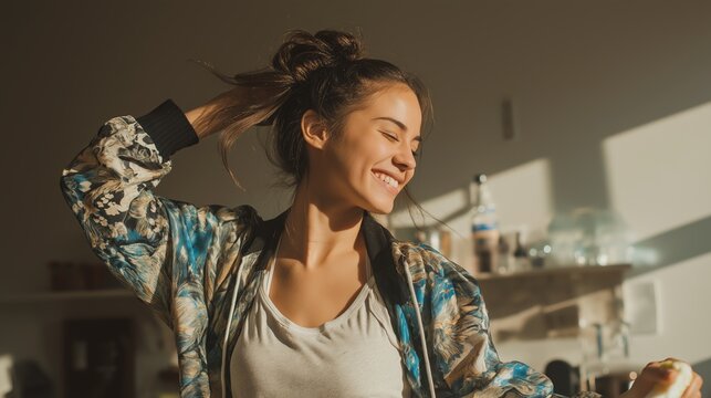 A young woman dances while cleaning in a casual outfit.