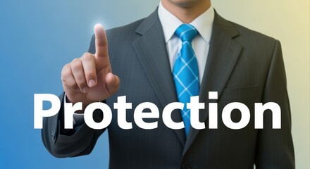 Business professional pressing virtual protection button, indicating security, insurance, and safety measures, modern interface