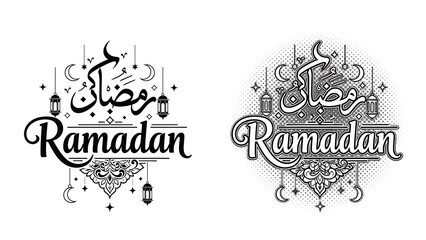 Elegant Black and White Ramadan Kareem Calligraphy Design with Decorative Crescent Moons, Stars, and Lanterns, Ideal for Islamic Festival Greetings and Cultural Celebrations