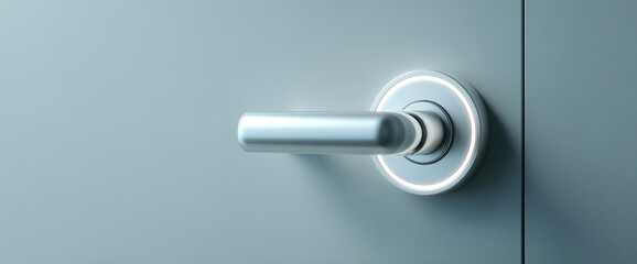 Close-up of modern metallic door handle with circular LED light on smooth grey door surface in minimalistic interior design