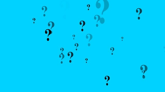 Animated black question marks fly from bottom to top. Symbols are sprayed. Looped video. Flat vector illustration isolated on a white background. 4k animation