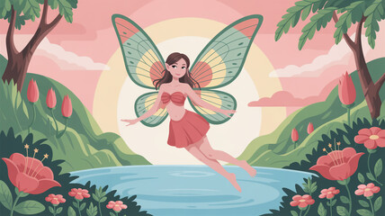 Whimsical fairy flying over serene pond in lush garden with vibrant flowers