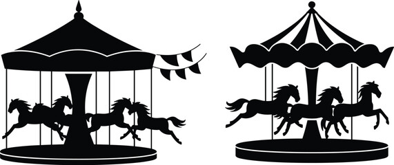 Carousel horse silhouettes with circus merry go round, amusement park ride icons, vintage fair entertainment black vector illustration © Sarjina's World