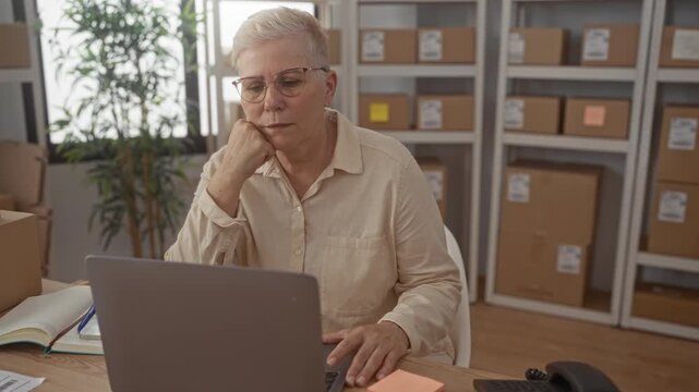 Woman sorting parcels at desk using laptop with hand on chin in office building; small business planning thoughtful.