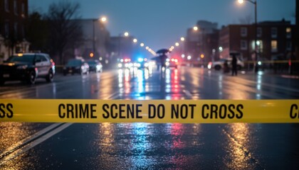 Yellow crime scene tape closing off a street during an ongoing investigation, with blurry police car lights and figures in the background on a wet, rainy night
