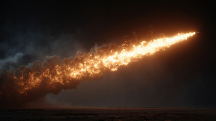 Fiery rocket launch at night with glowing trail over dark landscape