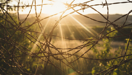Wire Fence with Sunlight Breaking Through