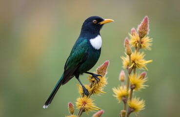 Obraz premium Chatham Island tui bird perches on yellow flower. Colorful avian has white chest green plumage black head. Exotic New Zealand native bird in natural eco habitat.