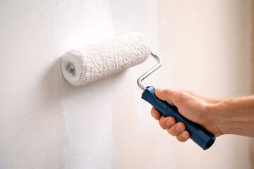 hand holding paint roller painting white wall