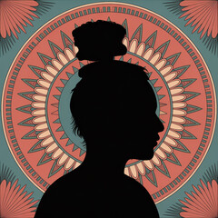 Silhouette of woman with bun against vibrant mandala background