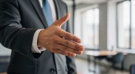Fototapeta premium Professional Businessman Extending Hand for Handshake in Modern Office Environment, Symbolizing Agreement and Partnership