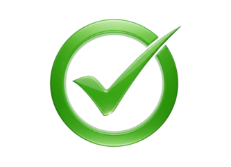 Glossy green check mark in a circle icon on a transparent background, symbolizing approval and correctness