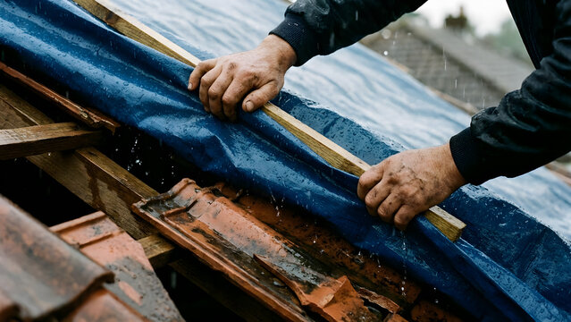 Close-up of hands covering a damaged roof with a blue tarp during rainfall