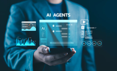 AI agents technology interface showing chat automation, data analytics, and generative AI on a smart device, representing artificial intelligence, digital business transformation, future enterprise.