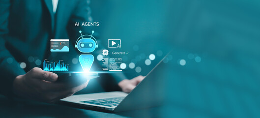 AI agents for smart business showcasing robot assistant interface, generative AI, chat automation, and data analytics on mobile and laptop, representing artificial intelligence, digital workflow.