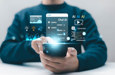 AI chat interface on smartphone displaying generative AI, data analytics, and automation concepts, representing artificial intelligence, smart technology, digital communication, and modern business.