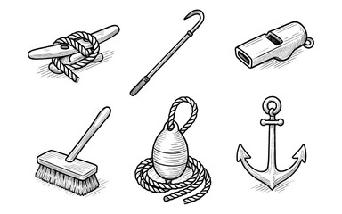 Nautical equipment collection: anchor, cleat, brush, whistle, boat hook, and buoy