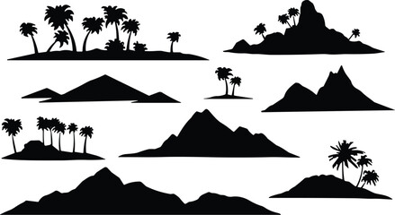 Tropical island landscape silhouette set with palm trees and mountains, black vector illustration collection isolated on white background © Sarjina's World