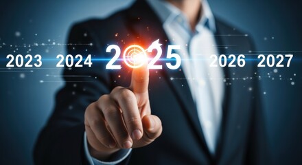Obraz premium Business professional touching 2025 target, signifying future financial goals and business strategy in the upcoming years