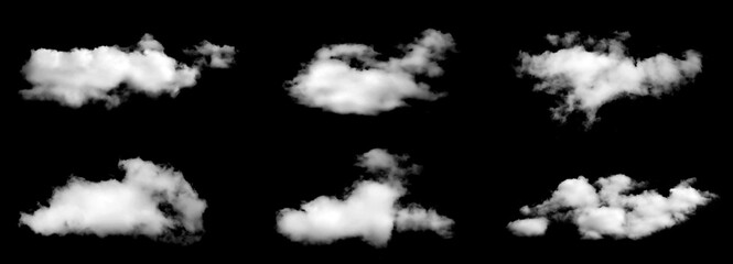 Set of horizontal white clouds isolated on black background. Soft moving fog and smoke texture with natural flow, ideal for weather design, motion graphics, cinematic atmosphere, and creative cloud.