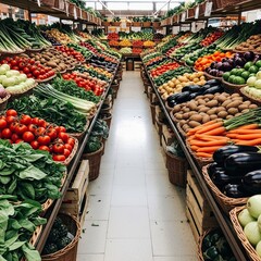 Abundance of fresh produce vegetables and fruits displayed in a market