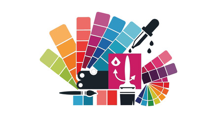 A vibrant color palette with paint tools and a striking rook chess piece silhouette © nhpvect02